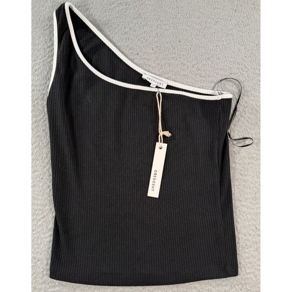 Crescent Tank Top‎ Women's Medium Black Cropped Ribbed One-Shoulder Neck Stretch